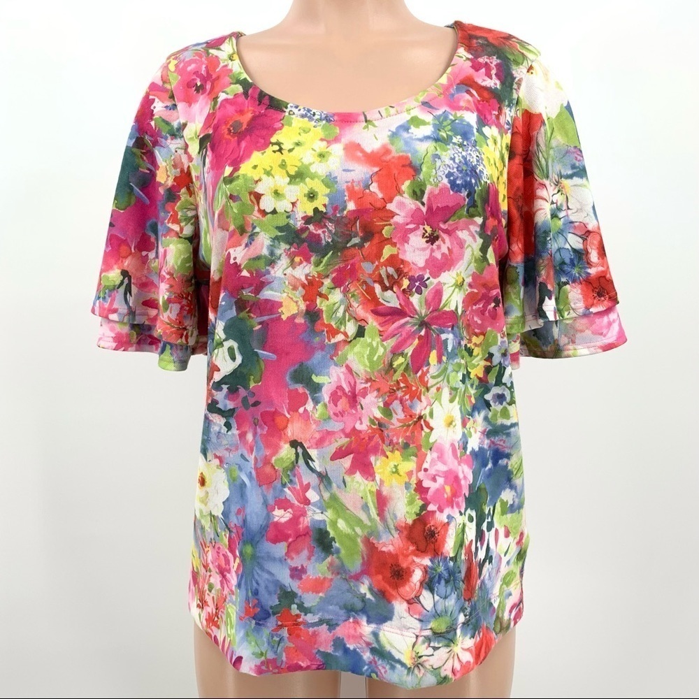 Soft Surroundings Floral Scoop Neck Flutter Sleeve Top - Pink, Green, Blue